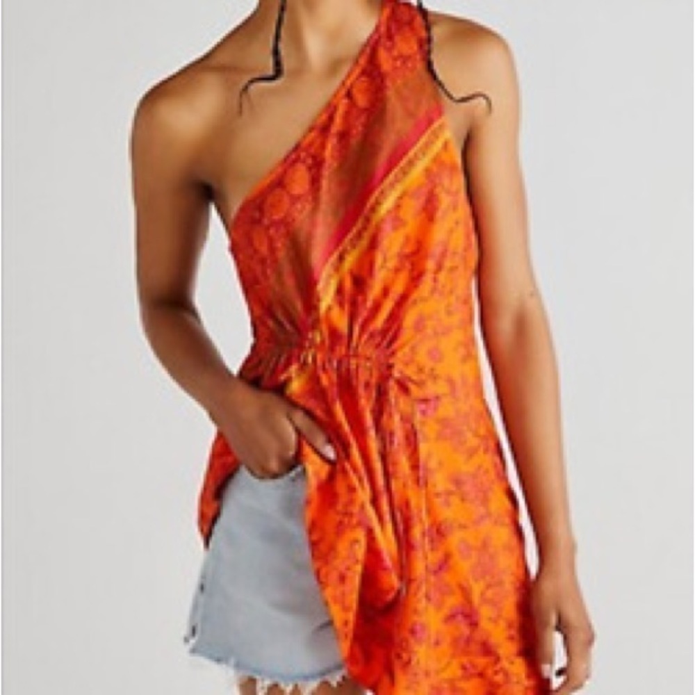 Free People Mira Orange Floral One Shoulder Tunic Size M